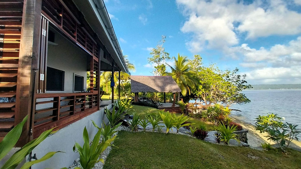 Eye-level view of a tropical beach with palm trees and calm blue water