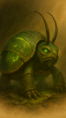 Beeturtle, a beetle-like turtle creature with a carved green shell and long curved antennae, standing low to the ground in a misty forest setting with a faint green glow.