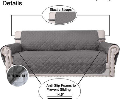 Gray water-resistant sofa cover, pet friendly furniture protector.