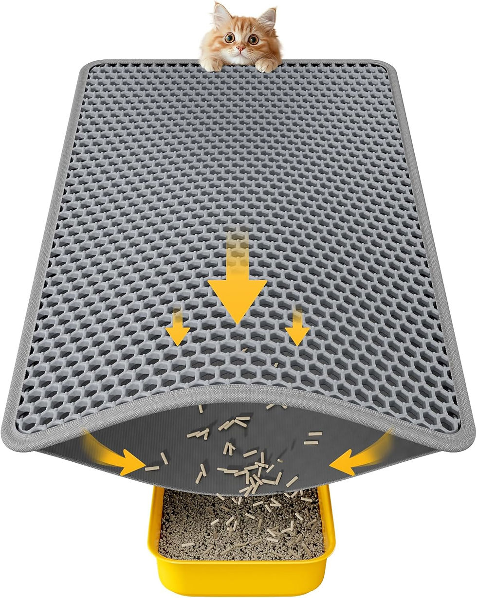 Gray waterproof double-layer cat litter mat, traps scattered litter and protects floors from urine and mess.