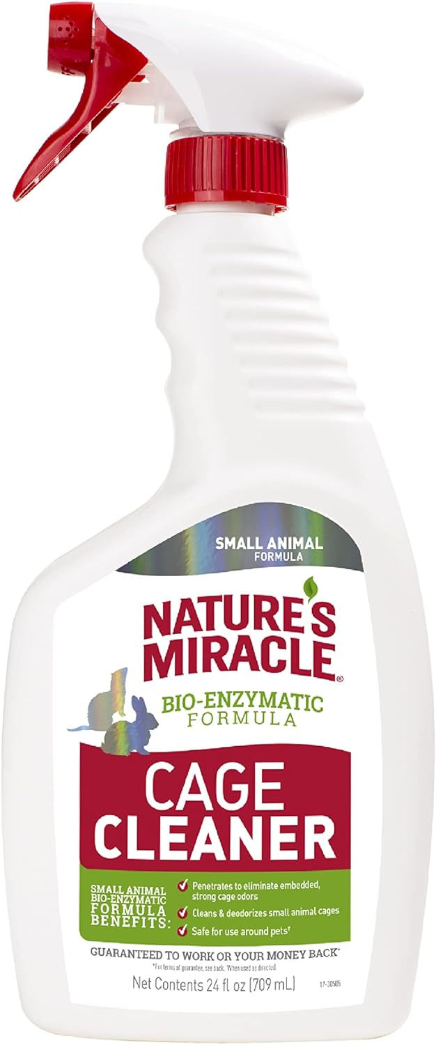 Nature’s Miracle small animal cage cleaner, bio-enzymatic formula that removes stains and odors, safe for guinea pigs, rabbits, and hamsters.