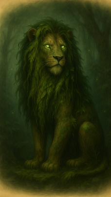 Mossmane, a lion-like creature with a thick mane resembling moss and foliage, sitting upright in a dim forest clearing with softly glowing green eyes.