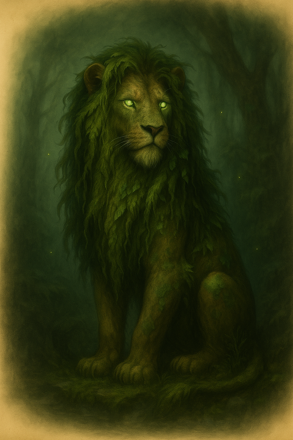 Mossmane, a lion-like creature with a thick mane resembling moss and foliage, sitting upright in a dim forest clearing with softly glowing green eyes.