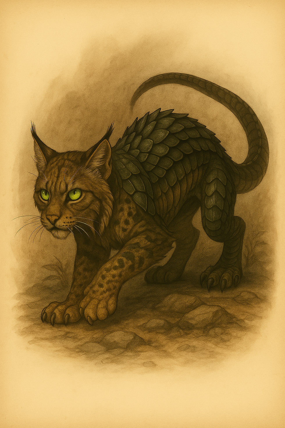 Scailynx feline–reptile hybrid with emerald scales prowling rocky ridges under moonlight