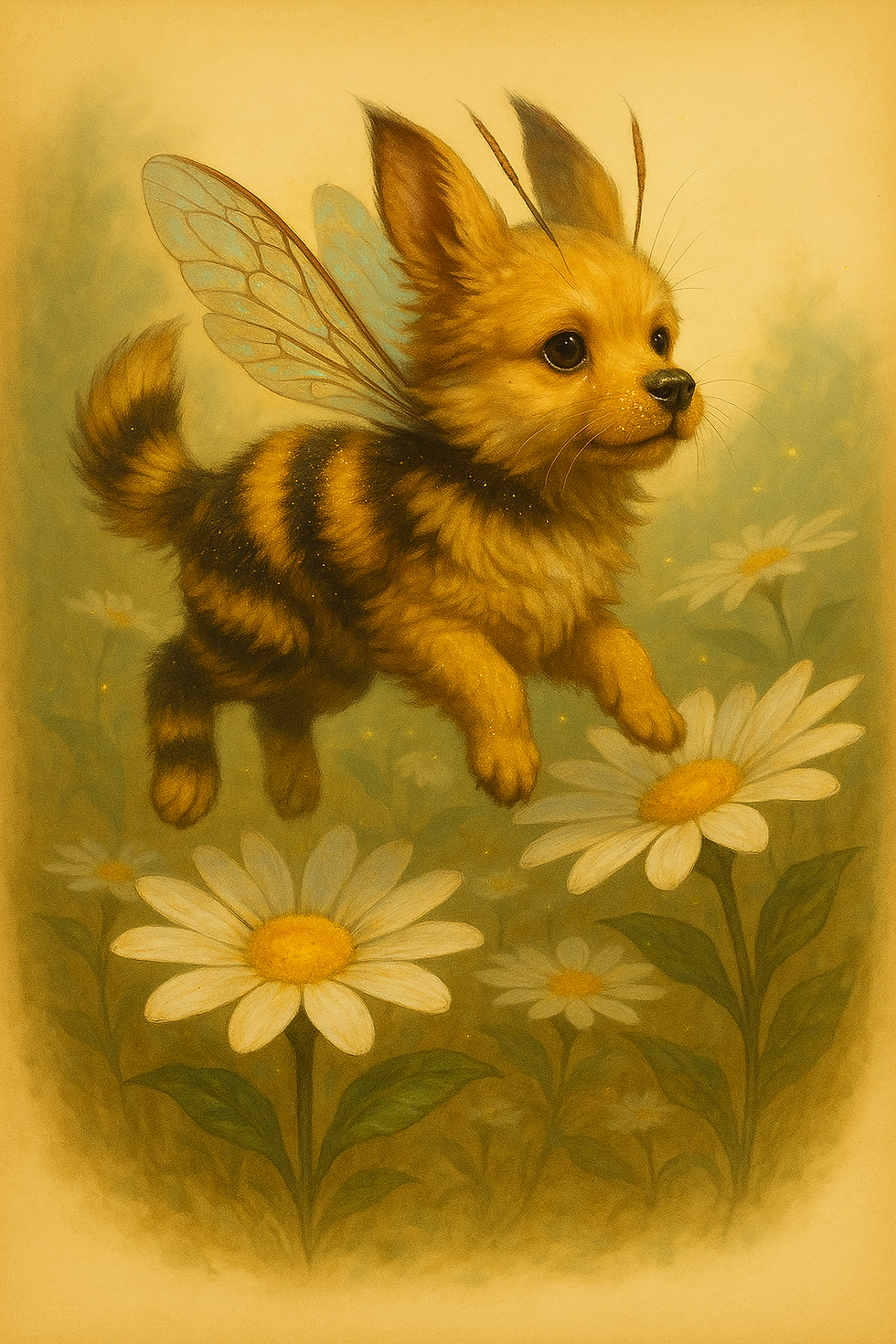 Bumblepup illustration — a playful hybrid of puppy and bumblebee, with soft fur, tiny wings, and striped markings, part of the Creaturepedia collection.