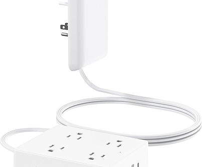 Slim surge protector power strip with USB ports, pet proof cord extender.