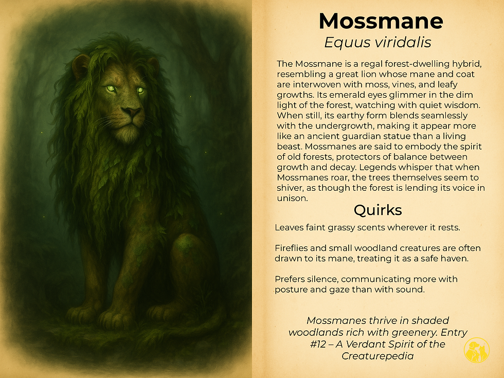 Mossmane lion hybrid with moss-covered mane and emerald eyes blending into the forest — Creaturepedia entry #12.