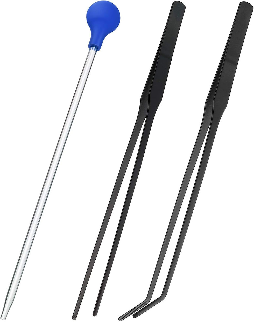 Long tweezers, feeding syringe, and coral feeder kit for reptiles, amphibians, and aquatics.