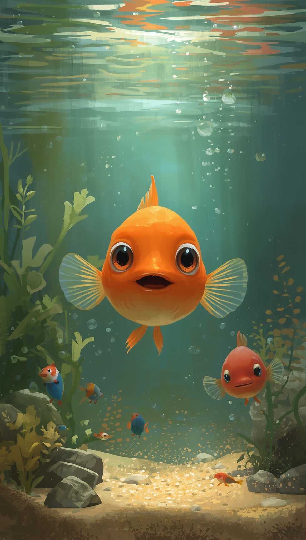 A bright, friendly orange fish swims at the center of a calm aquarium scene, surrounded by smaller fish, soft aquatic plants, and gentle light filtering through clear water, representing a healthy, well-maintained fish tank.
