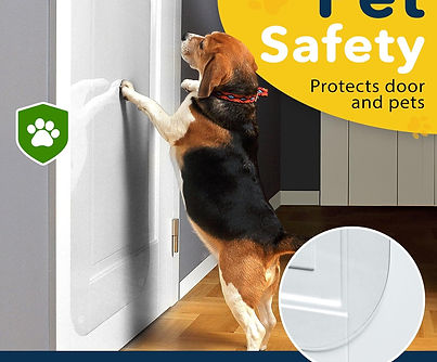 Clear door protector panel preventing dog and cat claw scratches indoors.