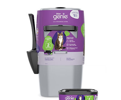 Owner placing cat waste bag into Litter Genie disposal system.