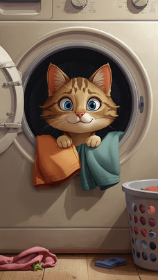 Illustration of a cute cartoon cat peeking out from inside a front-loading dryer, holding colorful towels in its paws, with a laundry basket beside the machine in a warm, softly lit home setting.