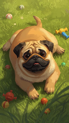 Illustration of an overweight pug lying on green grass surrounded by toys, representing gentle care, play, and supportive wellness for dogs.