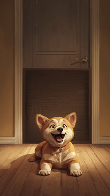 Illustration of a dog lying calmly in front of a door protected with a scratch guard, representing solutions to prevent dogs from scratching doors.