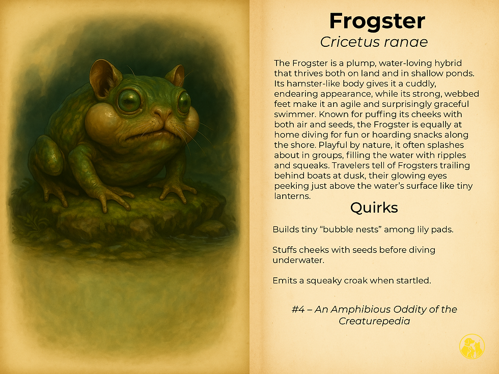 Illustration of the Frogster, a hybrid fantasy creature combining frog and hamster traits, sitting alert with an imaginative, whimsical design.