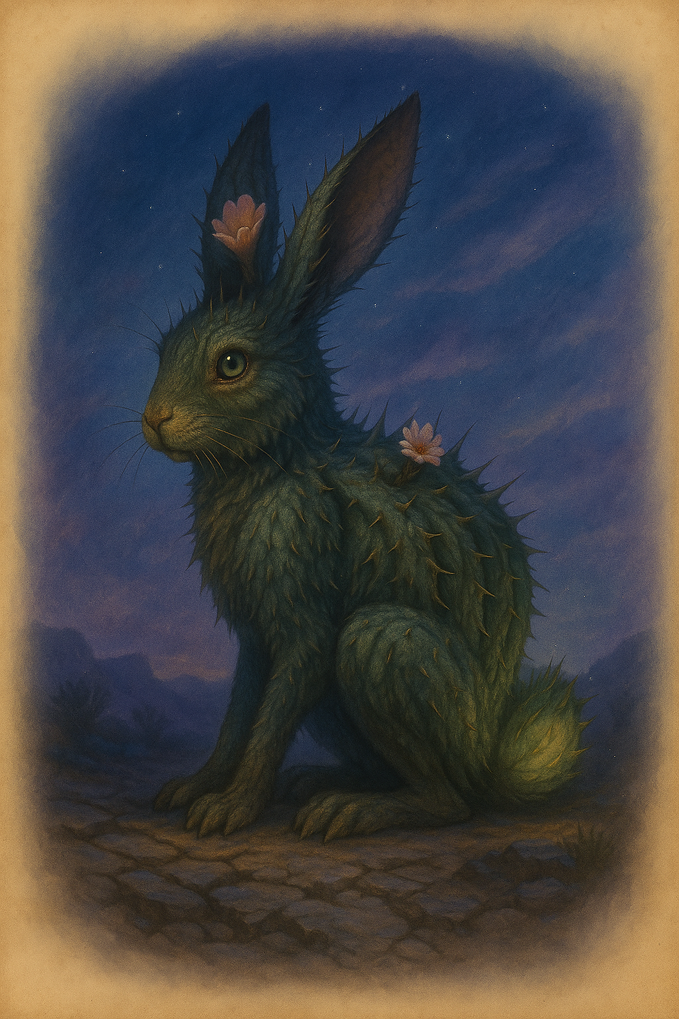 Cacthorn, a rabbit-like creature with cactus-textured fur and small flowering blooms along its body, sitting on cracked desert ground beneath a twilight sky.