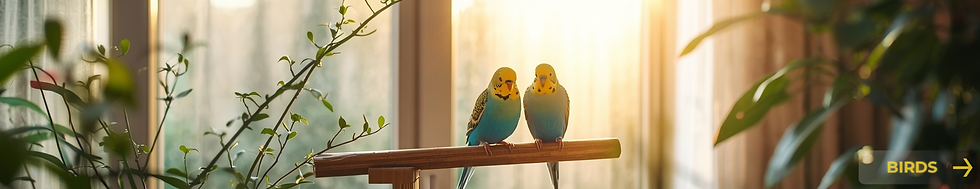 Two budgies perched together on a branch in a bright indoor setting with plants.