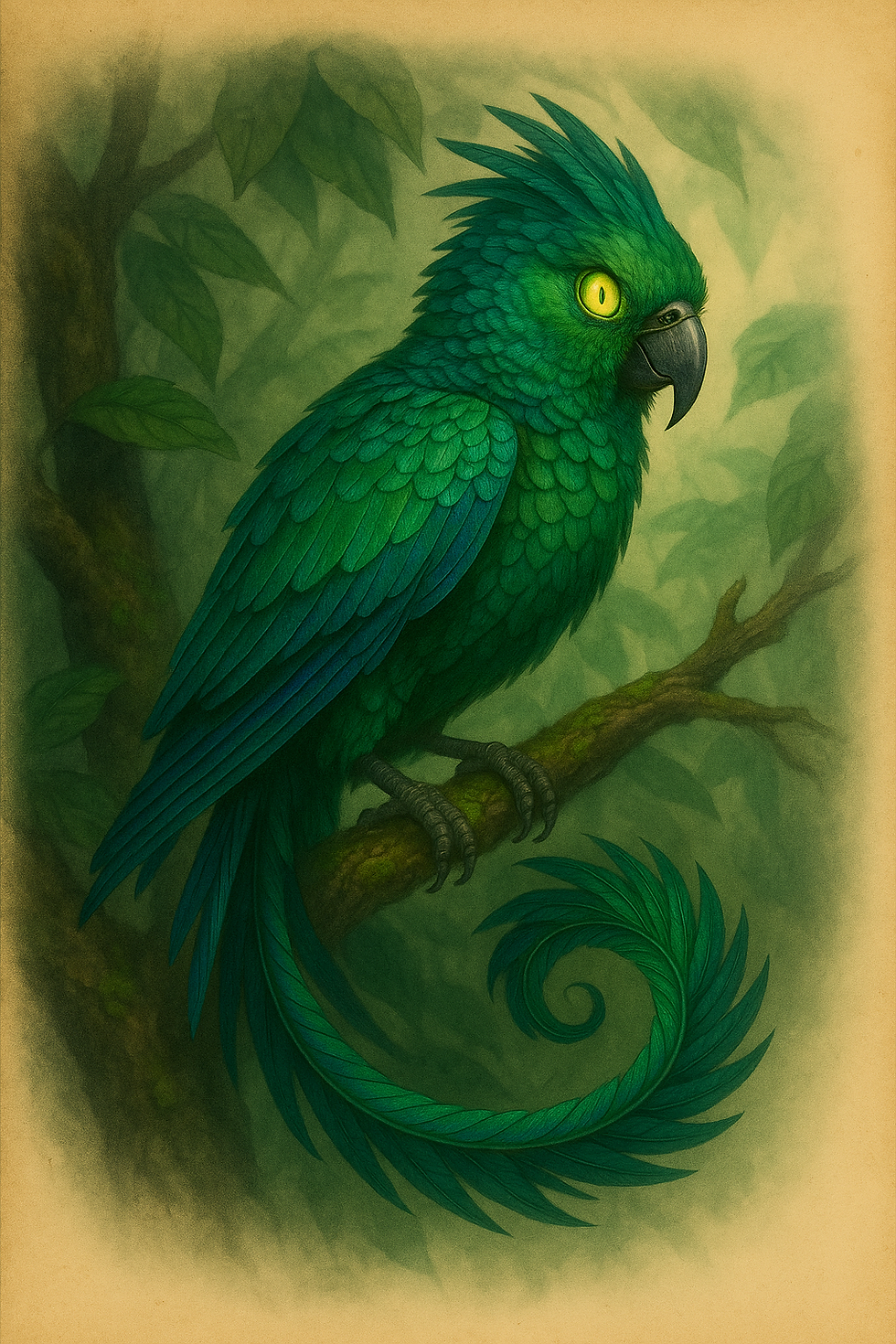 Paraleon parrot–chameleon hybrid perched on a branch, vibrant feathers shifting colors
