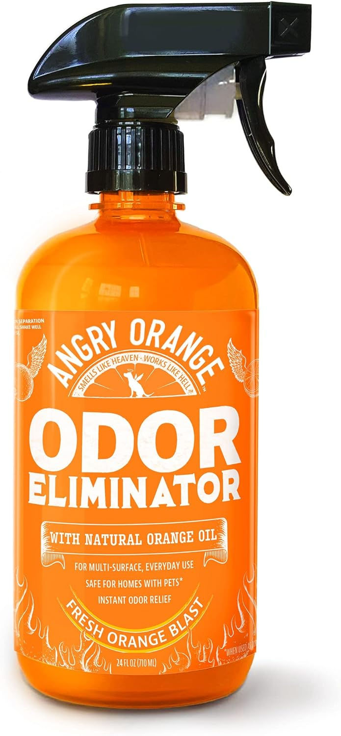 Bottle of Angry Orange Pet Odor Eliminator, a citrus-scented cleaner for removing strong pet odors from cages and surfaces.