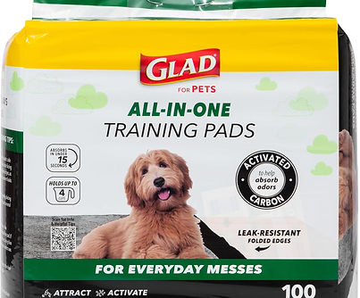 Owner placing Glad for Pets black charcoal puppy pad on floor for dog training.