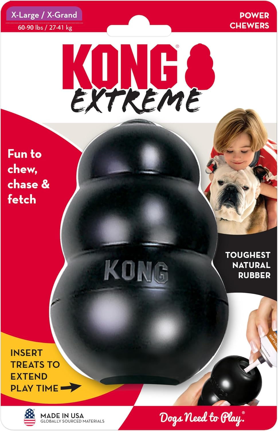 Black KONG Extreme dog toy, durable rubber chew with treat-stuffing design for power chewers.