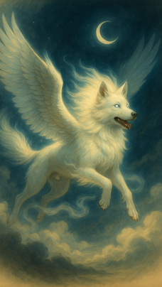 Skylarkhound, a white winged dog-like creature flying through the night sky, its feathered wings spread wide beneath a crescent moon and drifting clouds.