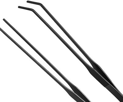 Long stainless steel reptile feeding tweezers, straight and curved tips.