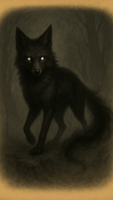 Duskfang, a shadowy black fox-like creature with glowing pale eyes, standing alert in a misty forest at dusk, its form partially fading into the surrounding darkness.