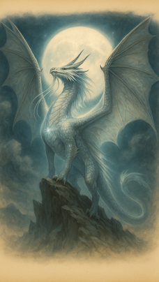 Moondrake, a pale dragon with long wings and a slender body, standing on a rocky peak beneath a glowing full moon, surrounded by drifting clouds and soft moonlight.