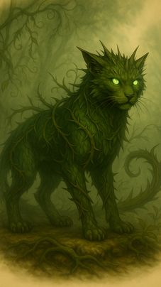 Thorncat, a cat-like creature with vine-covered fur and thorny growths along its body, standing alert on forest ground with glowing green eyes and twisting branches in the background.