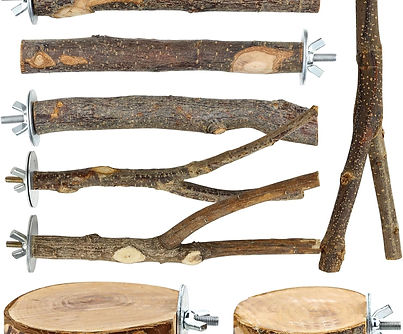 Assorted natural wood bird cage perches for parakeets, cockatiels, and conures, varied shapes for healthy feet.