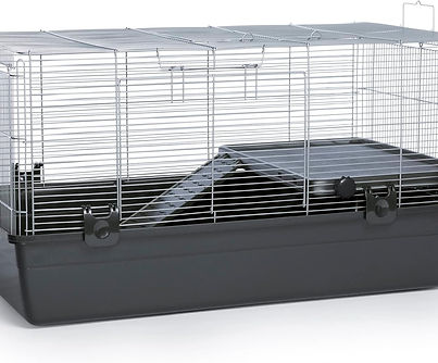 Spacious gray small animal cage with deep plastic base and wire top, ideal for hamsters or rats.