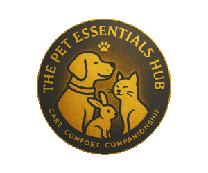 The Pet Essentials Hub gold emblem featuring a dog, cat, and rabbit with the words “Care, Comfort, Companionship.”