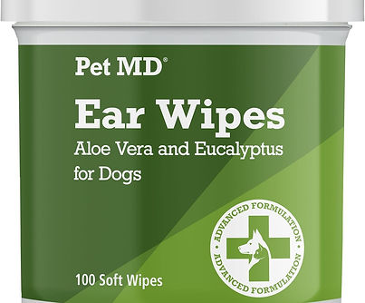 Pet MD dog ear cleaner wipes for ear hygiene and infection prevention.