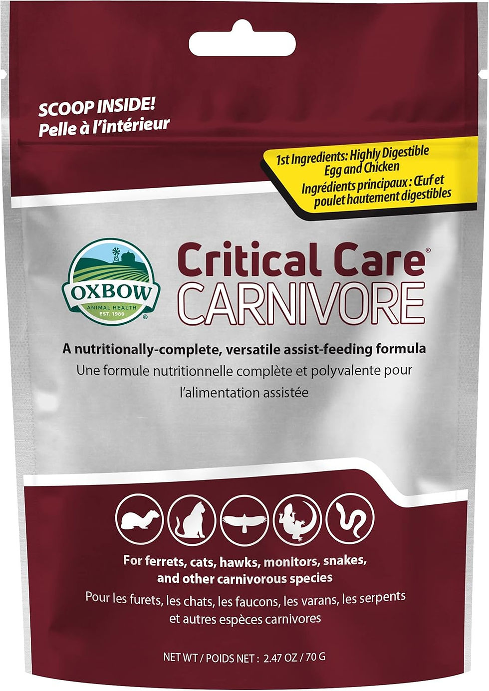 Oxbow Critical Care Carnivore assist feeding formula, made with whole egg and dried chicken, recovery diet for ferrets, cats, and small pets.