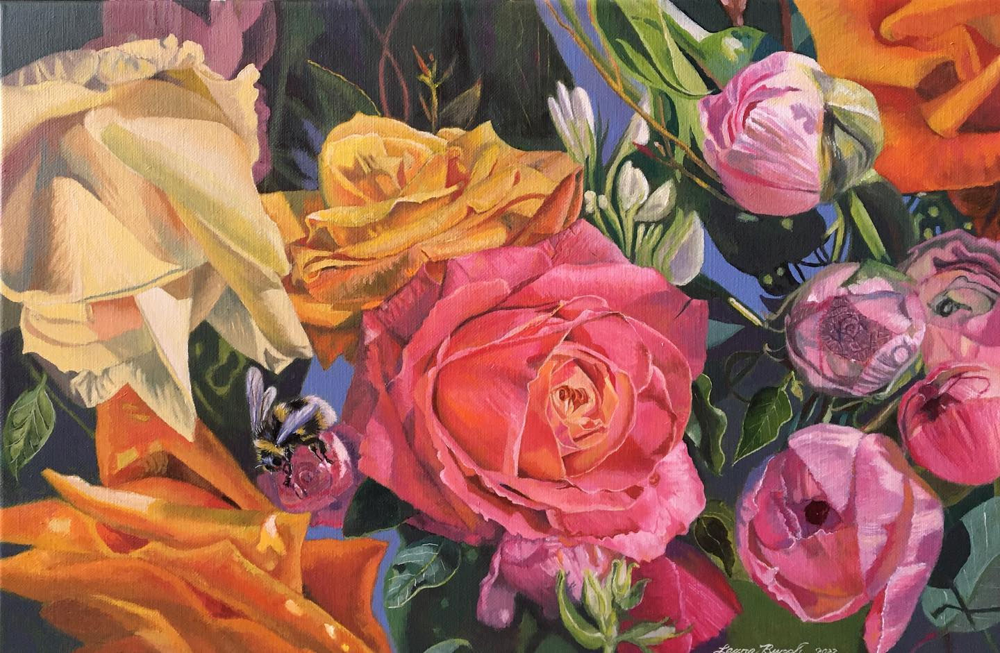 collage of different colored roses and a big honey bee