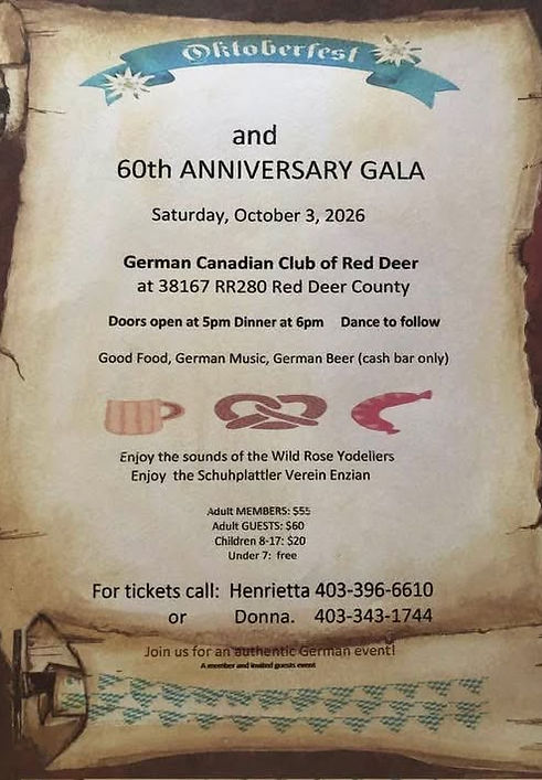 Celebrate Oktoberfest and the German Canadian Club of Red Deer’s 60th Anniversary with an evening of German food, music, dancing and celebration!