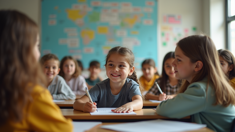 Eye-level view of a classroom filled with eager students learning together