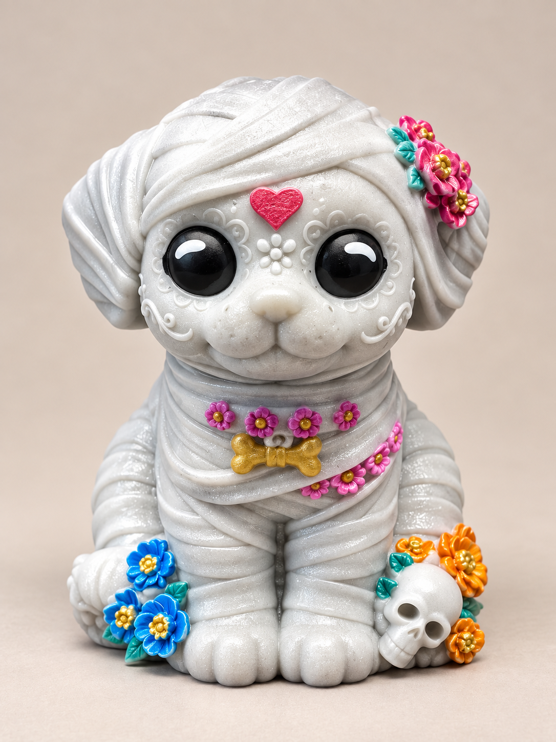 Figurine chien momie fleuri en résine