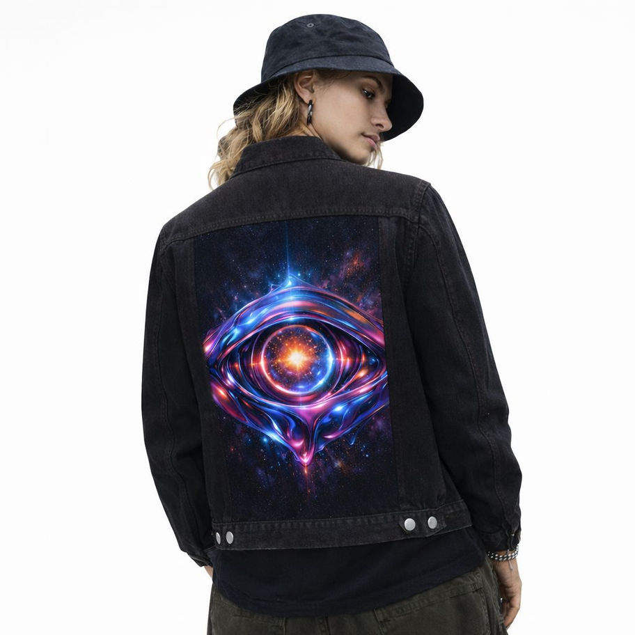 black denim jacket back view female model interchangeable artwork panel