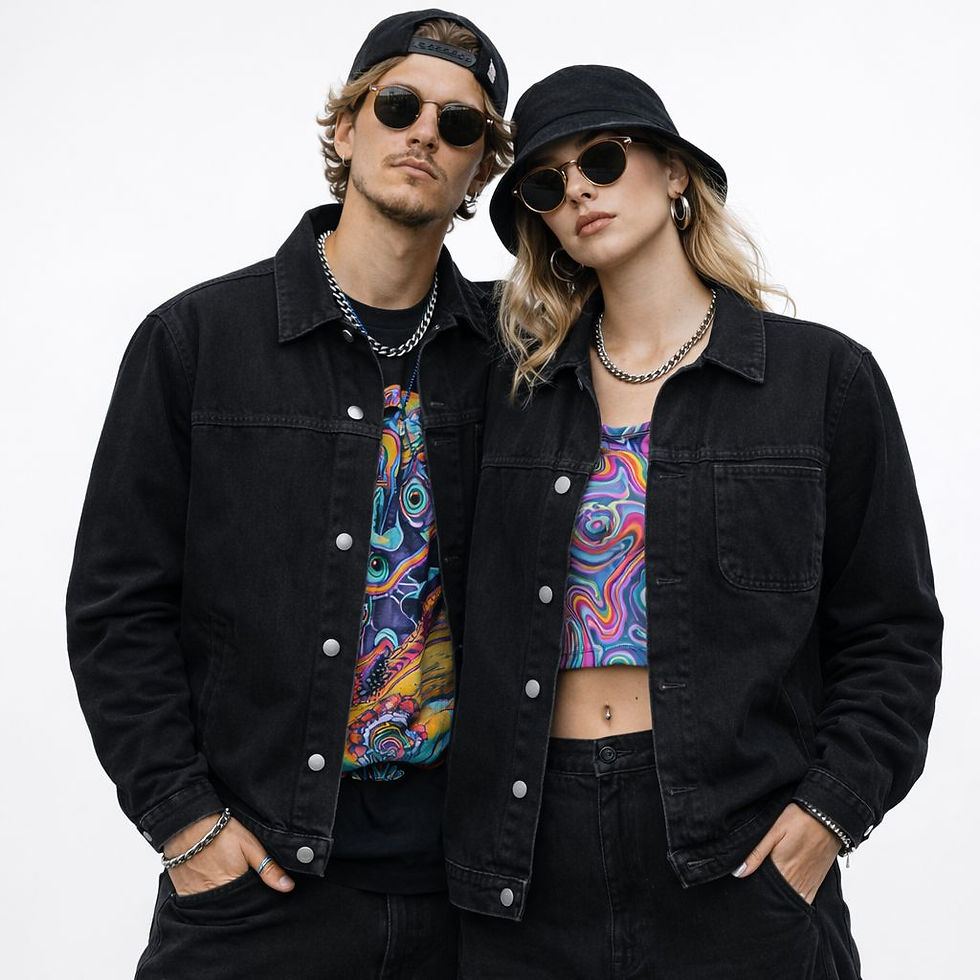 black interchangeable denim jacket unisex streetwear worn by man and woman