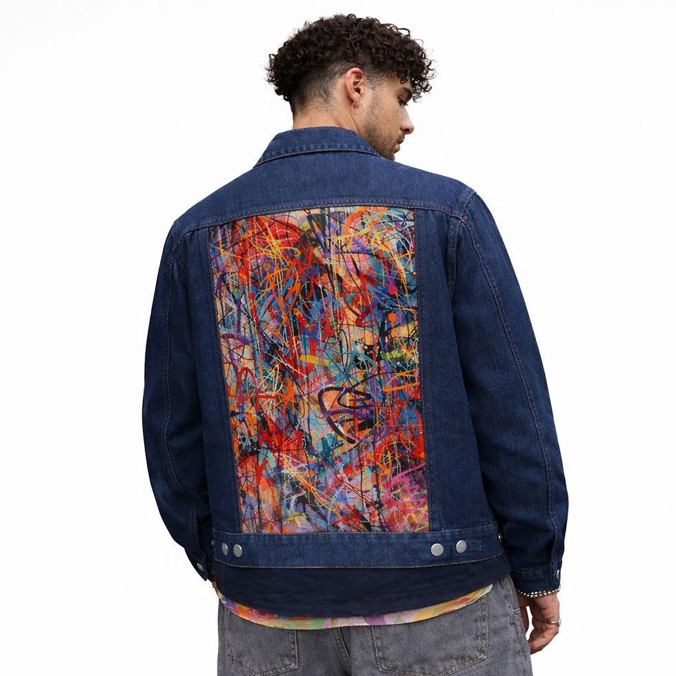 dark blue denim jacket back view male model interchangeable artwork panel