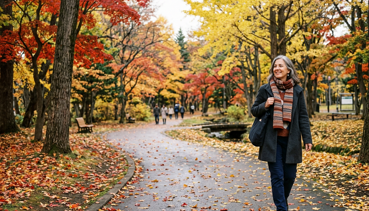 Wide-angle view of an autumn park path in Sapporo with a woman walking calmly under colorful trees.