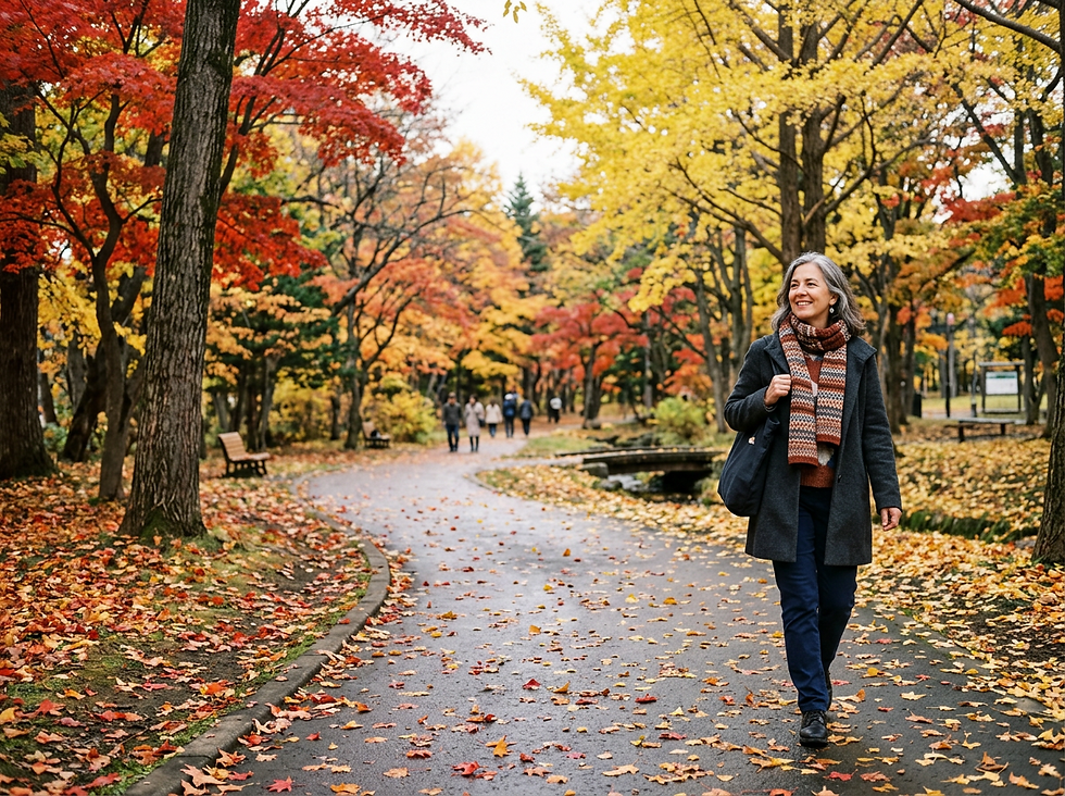 50代の女性が秋の街を歩く姿