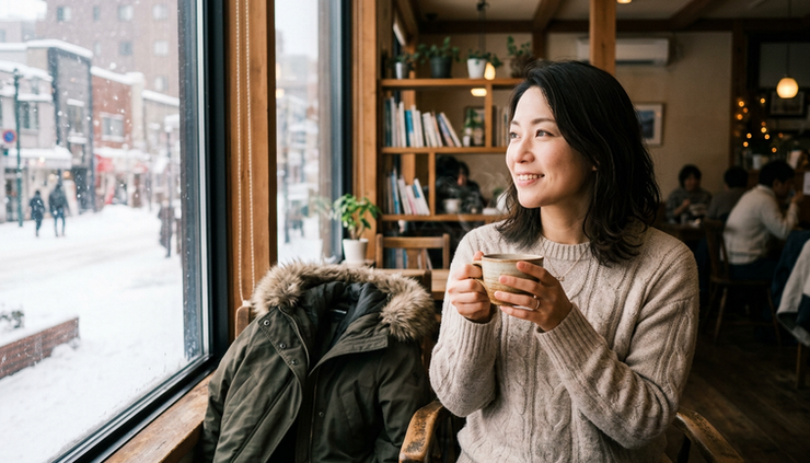 Eye-level view of a woman relaxing in a cafe in Sapporo during early marriage consultation.