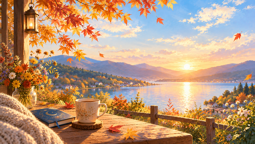 秋色の湖畔テラスと夕景.png