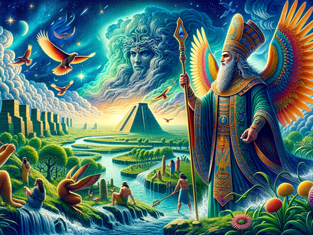 Farbenprächtige, mystische Illustration: Ein geflügelter Gott in prunkvoller Robe und mit Stab steht am Flussufer, umgeben von Menschen, Tieren und Vögeln. Im Hintergrund erheben sich Pyramiden, Tempelanlagen und ein großes kosmisches Gesicht in den Wolken. Das Bild symbolisiert Schöpfung, göttliche Führung und die Verbindung von Himmel und Erde.
