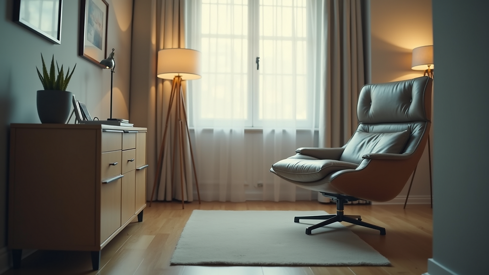 Close-up view of a psychologist’s office with a comfortable chair and soft lighting