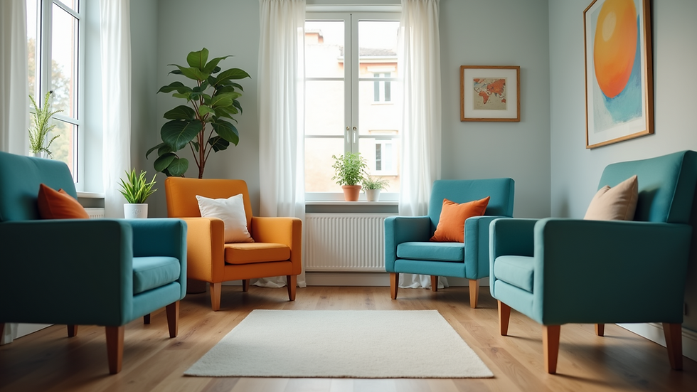 Eye-level view of a calm therapy room with comfortable chairs