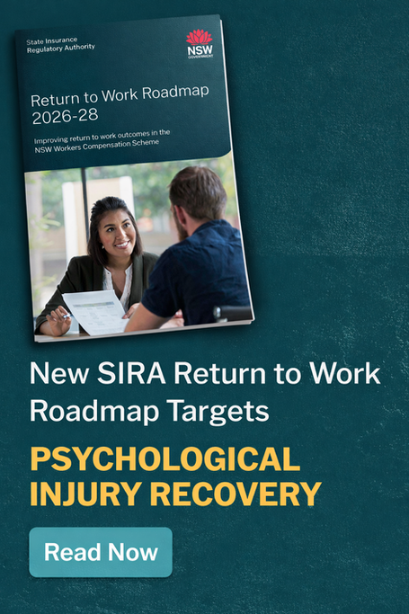 SIRA Return to Work Roadmap 2026–28 cover with text highlighting psychological injury recovery and support for workers compensation claims in Sydney.